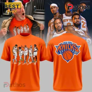 New York Knicks Orange Player Signature Pullover Hoodie 2026 3 Orange New York Knicks t-shirt featuring illustrated players and team logo graphic print!