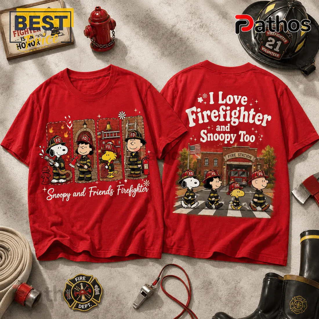 Peanuts Snoopy and Friends Fire Department Red Graphic T-Shirt Peanuts Snoopy and Friends Fire Department Red Graphic T-Shirt