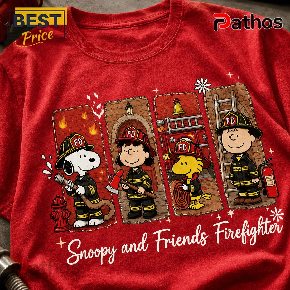 Peanuts Snoopy and Friends Fire Department Red Graphic T-Shirt Peanuts Snoopy and Friends Fire Department Red Graphic T-Shirt
