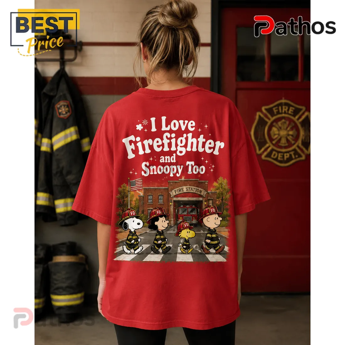 Peanuts Snoopy and Friends Fire Department Red Graphic T-Shirt Peanuts Snoopy and Friends Fire Department Red Graphic T-Shirt
