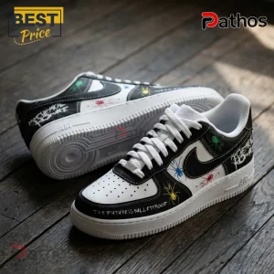 Custom black and white sneakers with My Chemical Romance text, spider graphics, and The Future Is Bulletproof graffiti art!