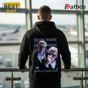 Joost Klein Midnight Echo World Tour 2026 Pullover Hoodie 3 Black hoodie with graphic print of Joost Klein, text says joost klein world tour 2026, streetwear style photography!