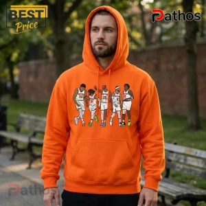 New York Knicks Orange Player Signature Pullover Hoodie 2026 4 Bright orange hoodie featuring a graphic illustration of five basketball players in white and blue jerseys!