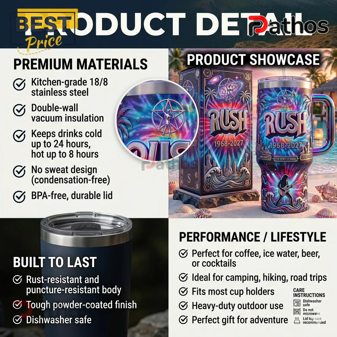 Rush Band 1968-2027 Tribute Insulated Travel Tumbler with Handle Rush Band 1968-2027 Tribute Insulated Travel Tumbler with Handle
