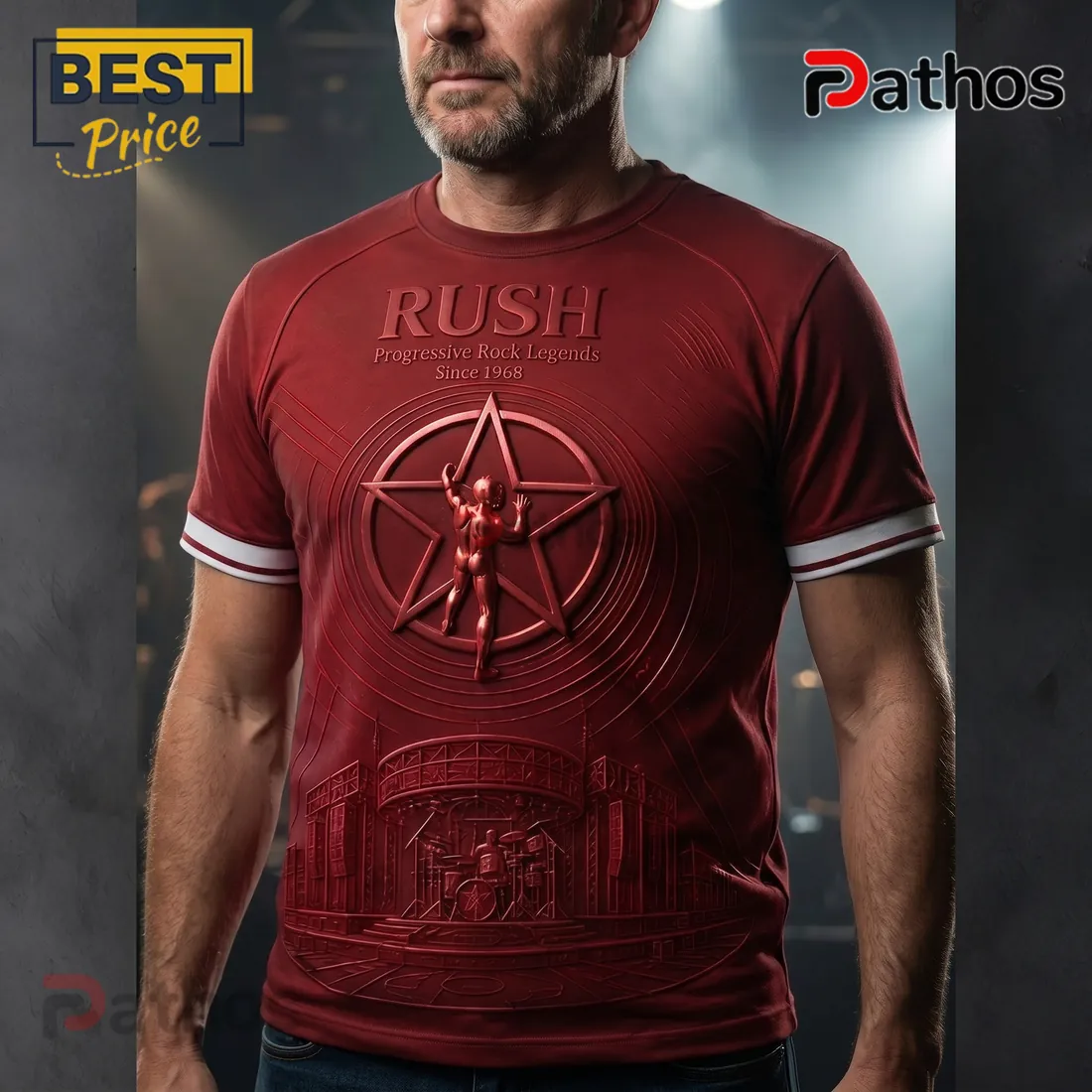 Rush Progressive Rock Legends Starman Embossed Effect Burgundy T-Shirt Rush Progressive Rock Legends Starman Embossed Effect Burgundy T-Shirt
