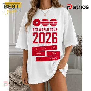BTS World Tour Arirang 2026 Concert Double Sided Graphic T-Shirt 3 White t-shirt with red BTS World Tour 2026 text and member names including RM, Jin, Suga, J-Hope, Jimin, and Jung Kook!