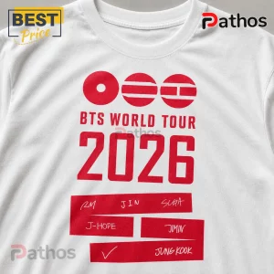 BTS World Tour Arirang 2026 Concert Double Sided Graphic T-Shirt 2 White t-shirt with red graphic text BTS WORLD TOUR 2026 and member names RM JIN SUGA J-HOPE JIMIN JUNG KOOK!