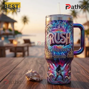 Rush Band 1968-2027 Tribute Insulated Travel Tumbler with Handle 2 Tie-dye Rush rock band tumbler with guitarist graphic, 1968-2027 text, and tropical beach background!