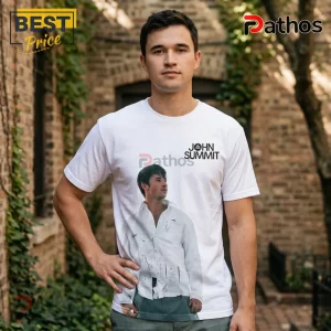John Summit CTRL Escape Tour 2026 Limited Edition Shirt 1 White graphic tee featuring a photographic print of John Summit and his name in bold black text on the chest!