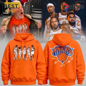 Orange New York Knicks hoodie with player illustrations on front and team logo with player signatures on back!