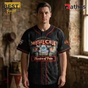 Motley Crue 45th Anniversary Carnival of Sins Tour Baseball Jersey 2 Black baseball jersey with Motley Crue Carnival of Sins graphic, red trim, and Theatre of Pain neon text design!