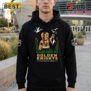 Duck Hunt x Vegas Golden Knights 2026 Playoffs Pullover Hoodie 1 Black hoodie with pixel art Vegas Golden Knights mascot holding ducks, green grass, and Golden Knights Playoffs 2026 text!