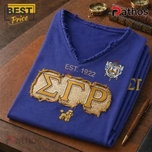 Royal blue V-neck tee with distressed Sigma Gamma Rho greek letters, poodle graphic, and EST 1922 print.!