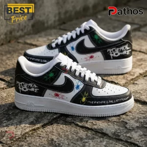 Custom black and white sneakers with My Chemical Romance text and spider graphics on a stone background!
