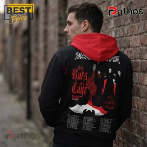 Black hoodie with red hood features Smashing Pumpkins Rats in a Cage tour graphics and text in red and white ink!