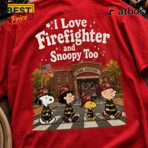 Peanuts Snoopy and Friends Fire Department Red Graphic T-Shirt 2 Red graphic t-shirt featuring Snoopy and friends as firefighters in front of a fire station with text I Love Firefighter!