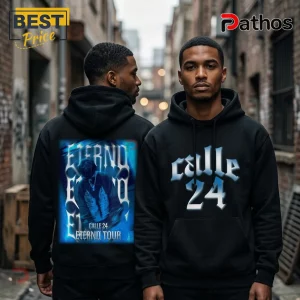 Calle 24 Eterno Tour Concert Premium Black Pullover Hoodie 1 Black hoodie with blue graffiti style text Calle 24 and Eterno Tour graphic design on back and front!