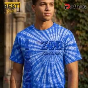 Blue tie-dye t-shirt with 3D Zeta Phi Beta text and 1920 crest emblem graphic print!
