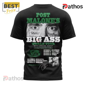Black t-shirt featuring Post Malone eyes graphic, green and white text, and concert tour dates on the back!
