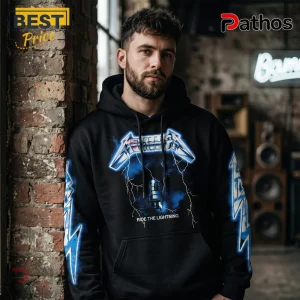 Black hoodie with blue Metallica Ride The Lightning band graphic and lightning bolt sleeve prints!