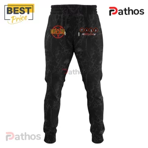 Black joggers with Motley Crue logo, pentagram, and band member portraits in a gothic metal aesthetic!
