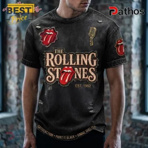 Black distressed band t-shirt with The Rolling Stones logo, red tongue icon, and microphone graphic print.!