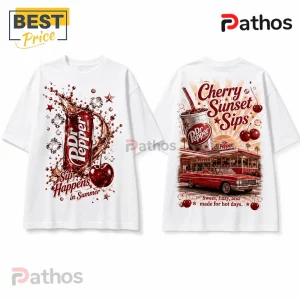 White oversized t-shirt featuring Dr Pepper soda branding, cherry graphics, a classic red car, and retro diner illustrations.!