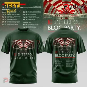 Interpol x Bloc Party UK EU Tour 2026 Dark Green Hoodie 4 Dark green t-shirt featuring Interpol and Bloc Party 2026 concert tour dates and an architectural graphic design print.!