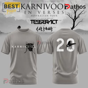 Grey cotton crew neck t-shirt featuring Karnivool Themata graphics, insect illustrations, and large back number 20 print.!