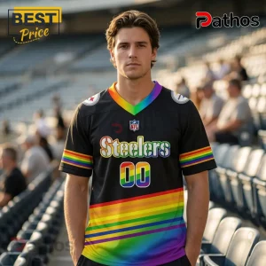 Pittsburgh Steelers x LGBT Pride Limited Edition Football Jersey 1 Man wearing a black Pittsburgh Steelers jersey with rainbow-colored stripes, collar, text, and player number 00.!
