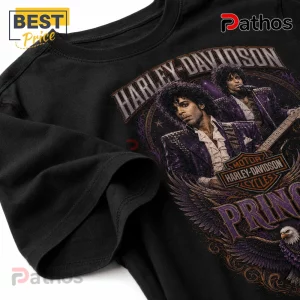 Black cotton t-shirt featuring a Prince and Harley-Davidson graphic print with purple tones, eagle, and logo details.!