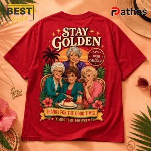 The Golden Girls Illustrated Red Crewneck Casual Shirt 2 Red cotton crewneck t-shirt featuring a Golden Girls graphic with text Stay Golden, Thanks For The Good Times, and Friends.!