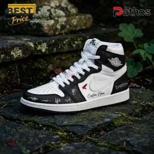 Evanescence Sanctuary 2026 World Tour Custom Air Jordan 1 High Top Sneakers 3 Custom white and black high-top sneaker featuring Evanescence branding, red bird icon, and signatures on a stone surface.!