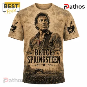 Bruce Springsteen Rock and Roll Never Forgets Timeless T-Shirt 2 Bruce Springsteen graphic t-shirt with sepia-toned concert photography, guitar icons, and vintage patterned background.!