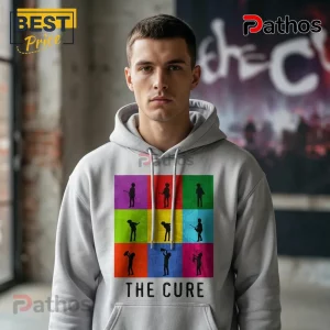 Light gray cotton hoodie featuring a nine-panel colorful grid design with silhouettes of The Cure band members.!
