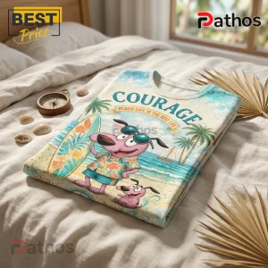 Courage the Cowardly Dog t-shirt featuring a beach theme, surfboard, and tropical prints on a light-colored cotton fabric.!