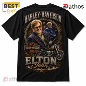 Black cotton t-shirt featuring Elton John, Harley-Davidson logo, eagle, and motorcycle graphic with orange flame accents.!