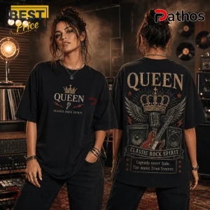 Black cotton t-shirt with Queen band graphics featuring a crown, microphone, electric guitar, and vintage text design.!