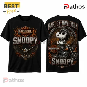 Black cotton t-shirt featuring Snoopy wearing a biker bandana and sunglasses on a Harley-Davidson motorcycle graphic.!