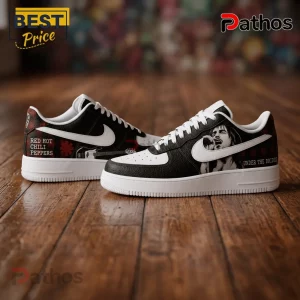 Red Hot Chili Peppers x Under The Bridge Premium Air Force 1 2 Custom leather sneakers featuring Red Hot Chili Peppers graphics, Anthony Kiedis portrait, and text on a wooden floor.!