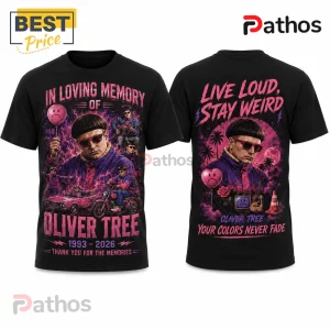 Oliver Tree 1993-2026 Memorial Tribute Black Cotton T-Shirt 3 Black cotton t-shirt featuring graphic Oliver Tree prints in pink and purple with text including In Loving Memory Of.!