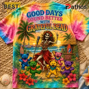 Grateful Dead Good Days Summer Tie Dye T-Shirt 2 Tie-dye t-shirt featuring a dancing skeleton, Grateful Dead bears, palm trees, and the text Good Days Sound Better.!