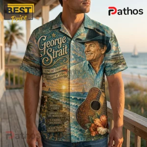 George Strait short-sleeve button-down shirt with coastal, guitar, and country western graphics in blue and orange hues.!