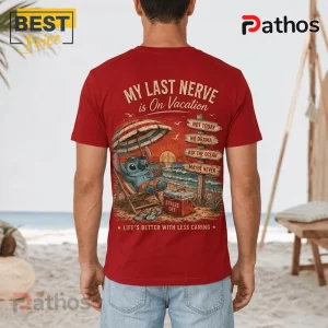 Stitch Sun & Chill Red T-Shirt 2026 4 Red graphic t-shirt featuring Stitch in a beach chair with a cooler and wooden signs reading My Last Nerve is On Vacation.!