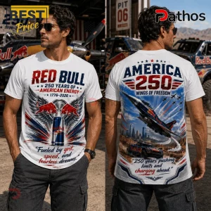 Red Bull America 250 Years 1776-2026 Wings Of Freedom Patriotic T-Shirt 1 Man wearing white t-shirt featuring Red Bull America 250 graphics with jet aircraft, desert landscapes, and patriotic text.!