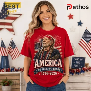 Willie Nelson America 250th Anniversary Music Legend T-Shirt 4 Woman wearing red Willie Nelson graphic t-shirt with America 250 Years of Freedom 1776-2026 text and flag background.!