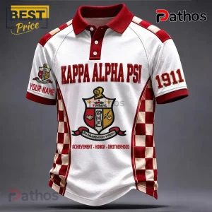 Kappa Alpha Psi polo shirt in white and crimson with checkered side panels, fraternity crest, 1911 text, and custom name.!