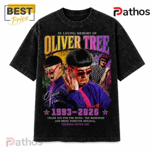 Oliver Tree Vintage 1993 2026 Memorial T-Shirt 3 Oliver Tree vintage style black mineral wash graphic t-shirt featuring artist portraits and 1993-2026 memorial text.!