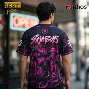 Black and pink baseball jersey with SajaBoys text, graphic of four anime characters in hats, and Pathos brand logos.!