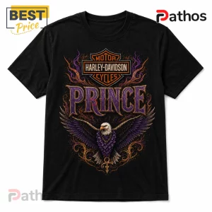 Black cotton t-shirt featuring a Harley-Davidson logo, the word Prince in purple, and a bald eagle with a symbol.!